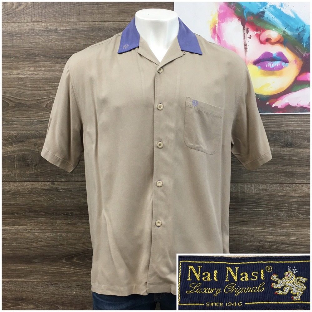 VINTAGE Nat Nast Luxury Originals Mens Large Silk Short Sleeve Button Down Top